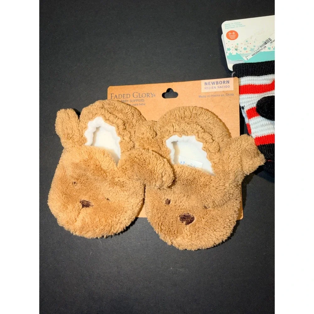 Disney Baby Mickey Mouse Rattle Socks & Faded Glory Bear Slippers Bundle Newborn